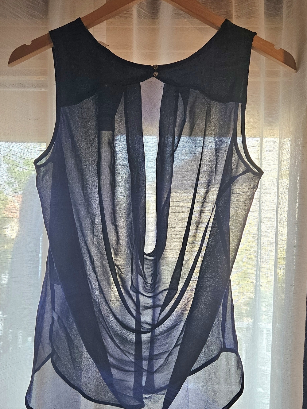 New York & Company Navy Blue Sheer Draped Back Sleeveless Top